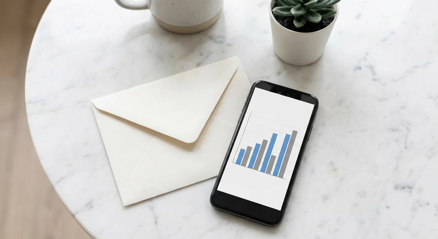 A clean marble desk with a single envelope and a smartphone representing simple tax filing.