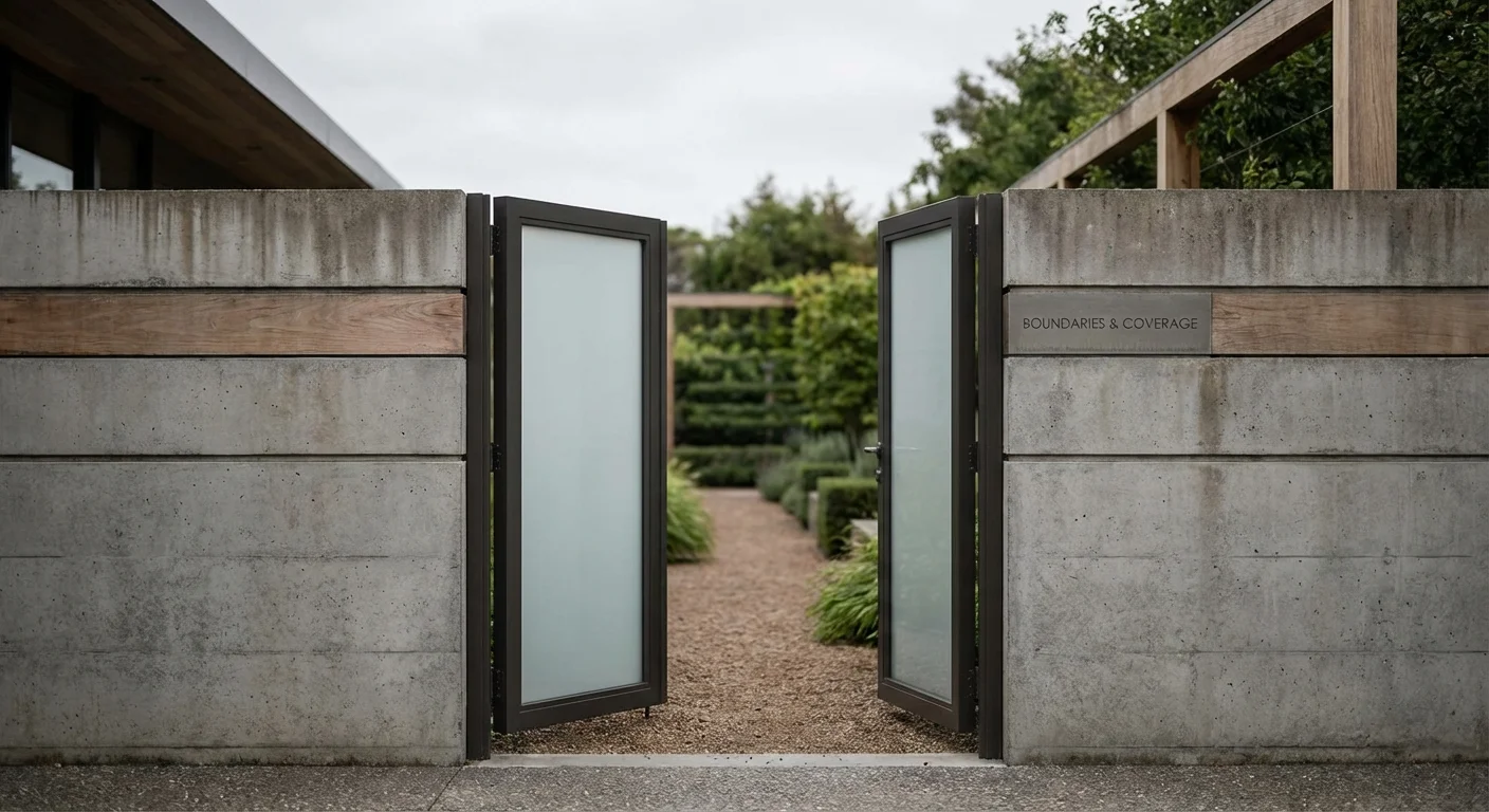A clean, modern garden gate representing boundaries and insurance limits.