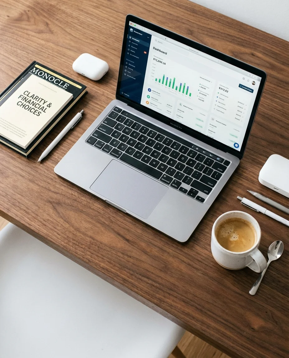 A clean, modern workspace with a laptop and notebook, symbolizing financial clarity.