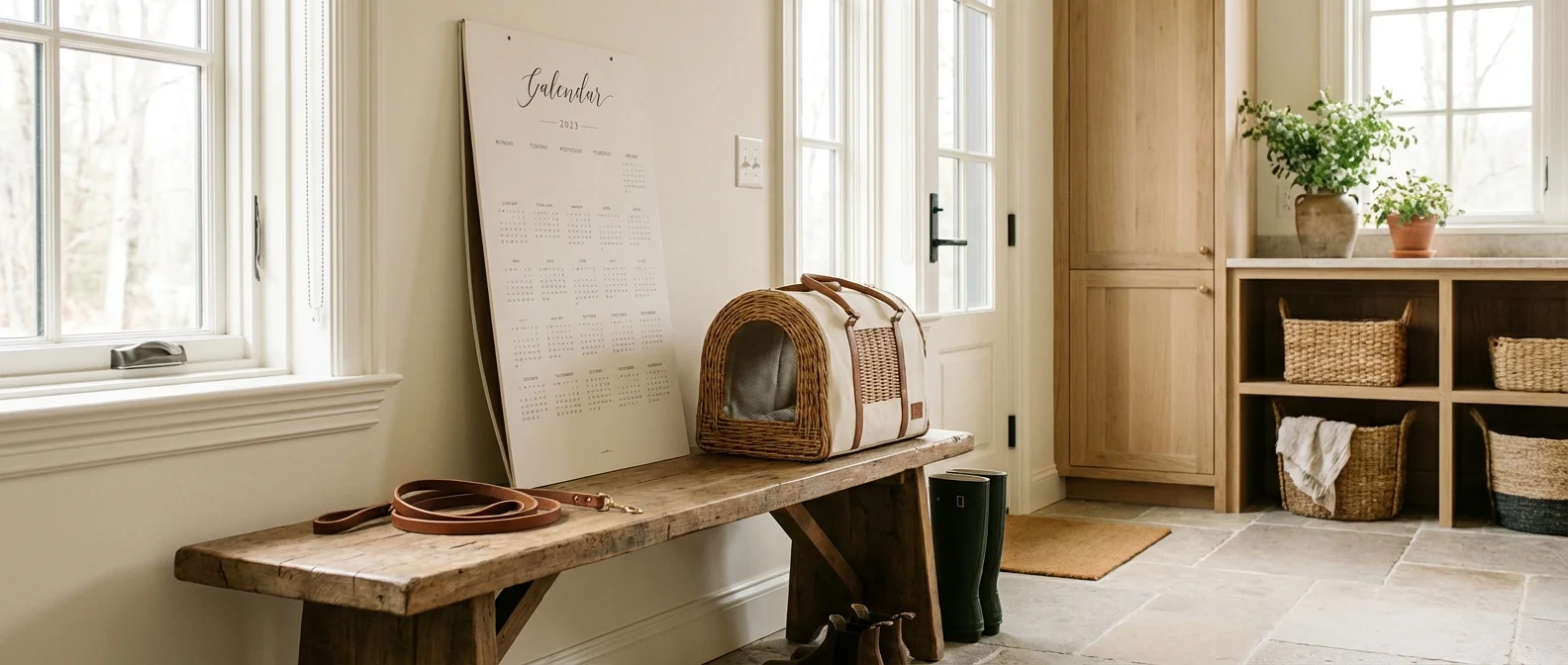A clean mudroom with pet essentials like a leash and carrier, symbolizing the start of a long journey.