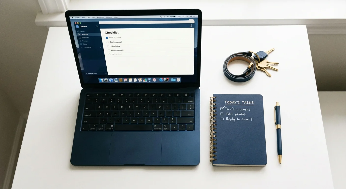 A clean, organized workspace with a checklist and a laptop.