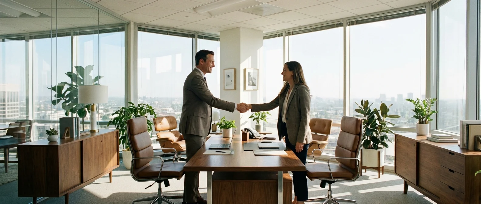 A client and financial advisor shaking hands in a bright, modern office.