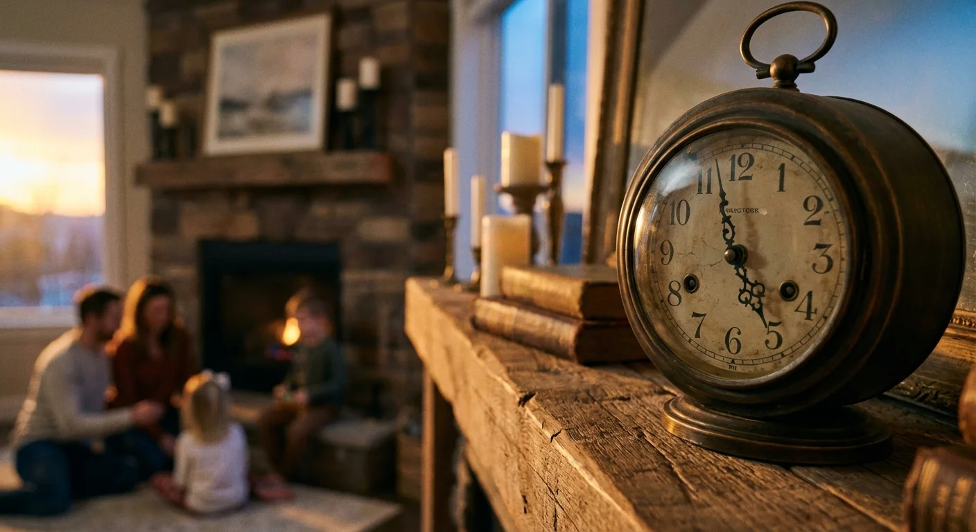 A clock on a mantle with a family in the background, representing the importance of timely planning.