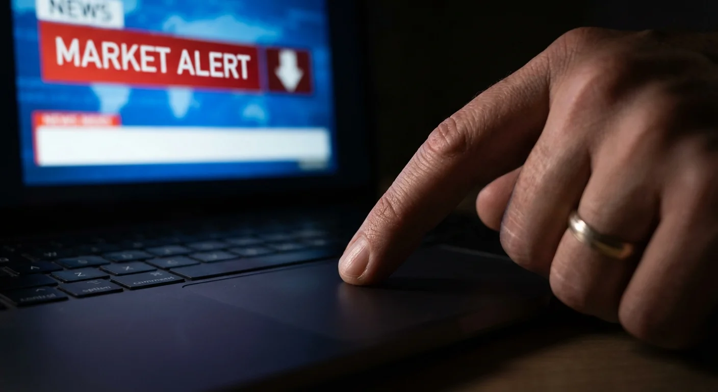 A close-up of a finger hesitating over a computer mouse with a blurry news alert in the background.