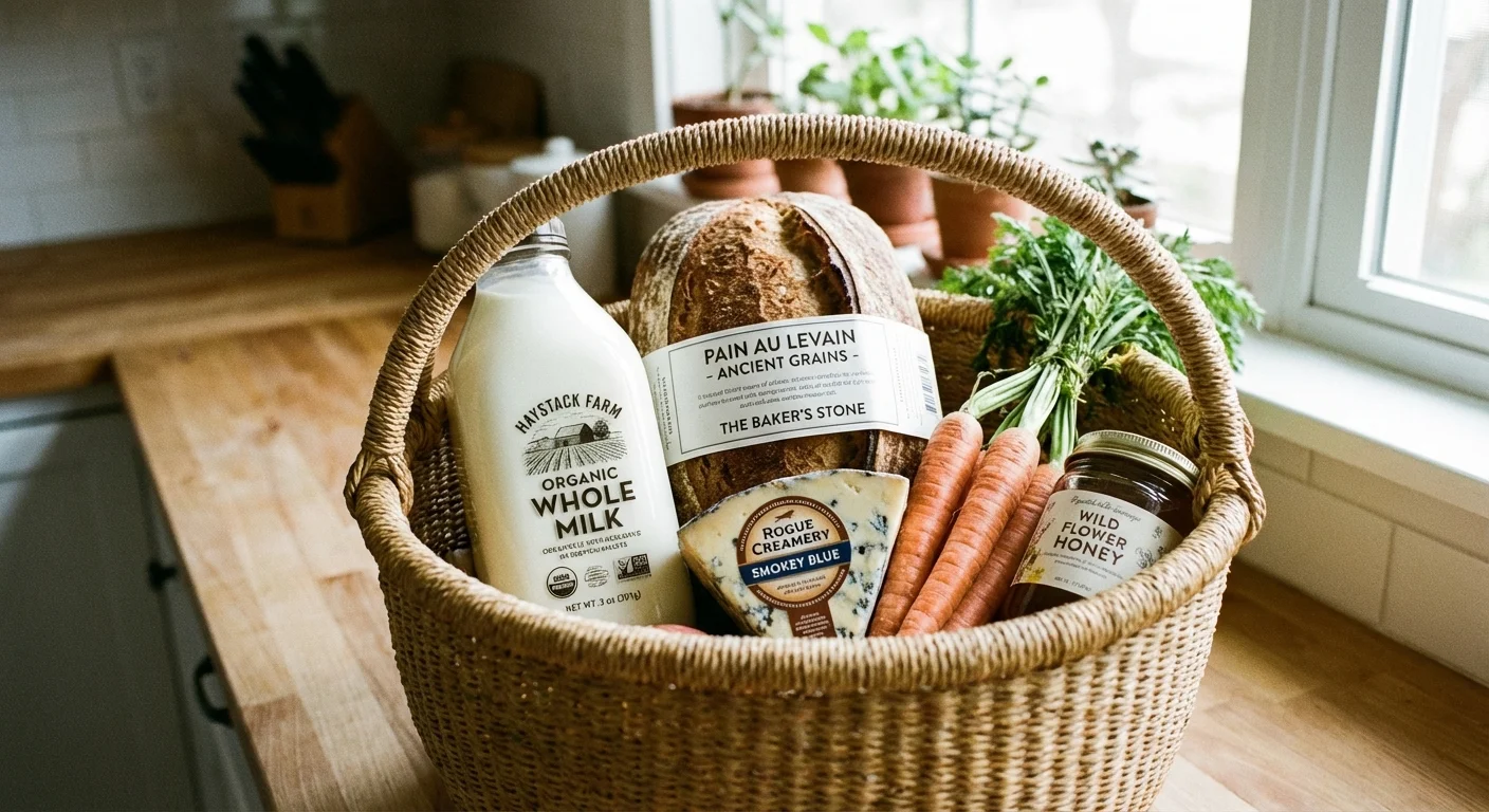 A close-up of a hand-held grocery basket with fresh groceries.