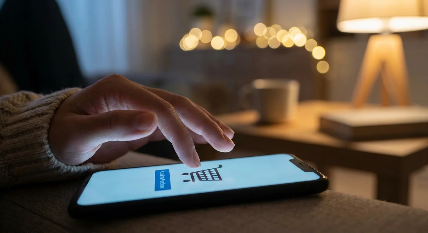 A close-up of a hand hesitating over a glowing smartphone screen at night.