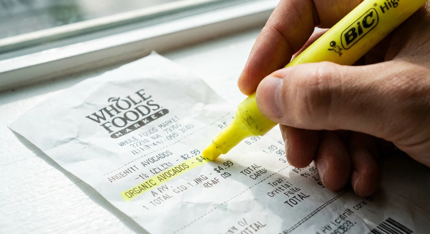 A close-up of a hand highlighting a specific charge on a paper receipt.