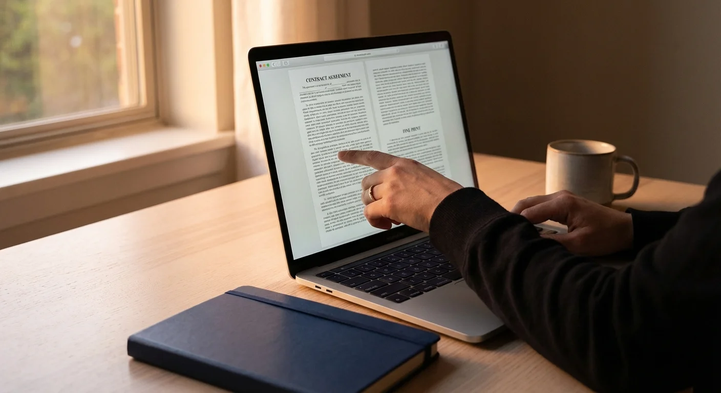 A close-up of a hand reviewing a document on a laptop, emphasizing careful consideration.