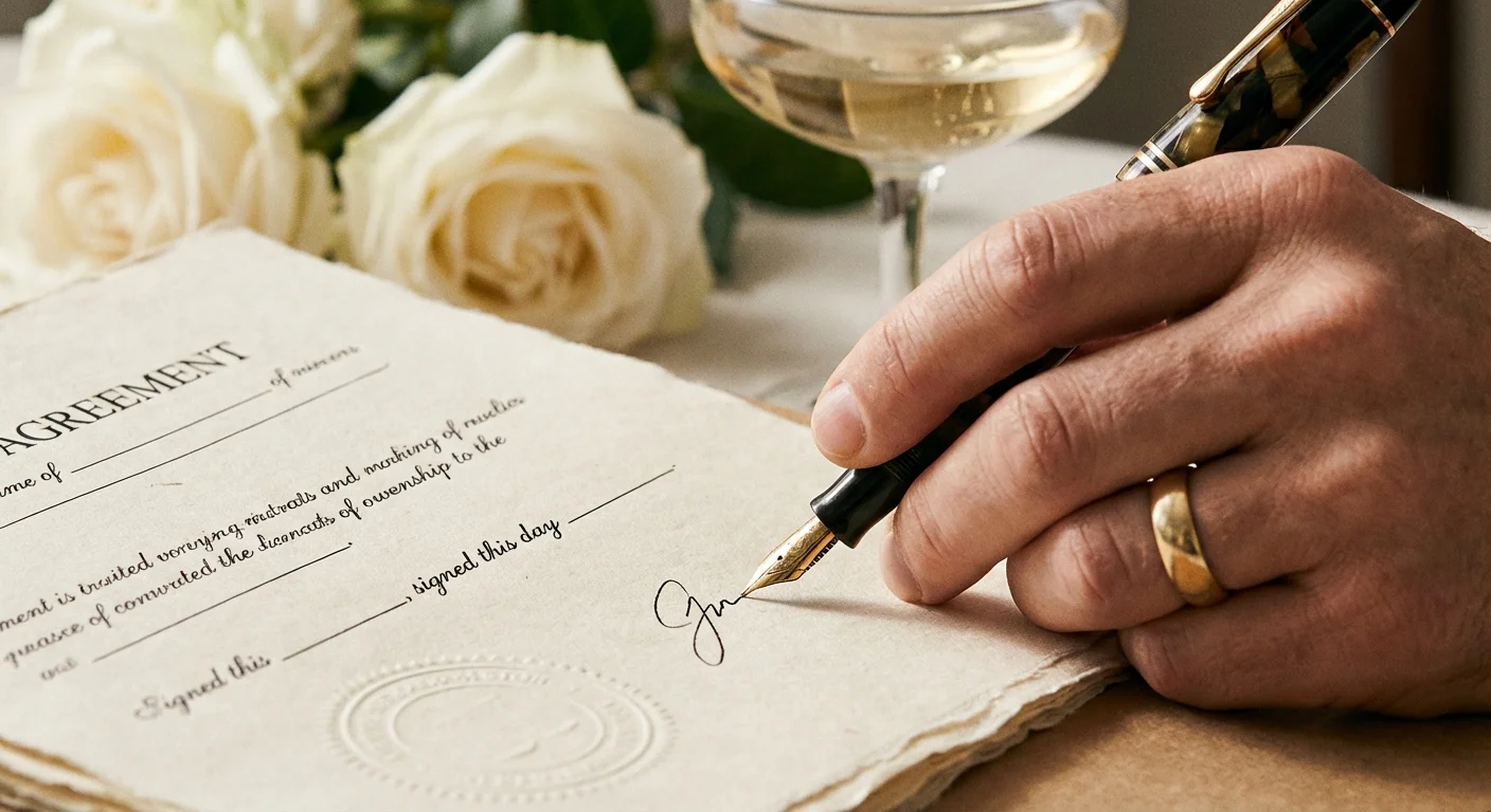 A close-up of a hand signing a wedding contract next to floral arrangements, emphasizing the importance of reading the fine print.
