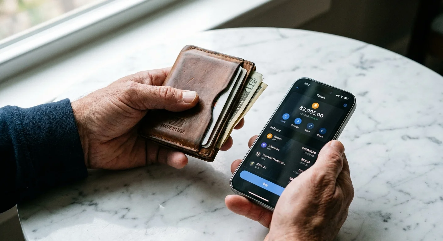 A close-up of a leather wallet and a smartphone on a clean surface.