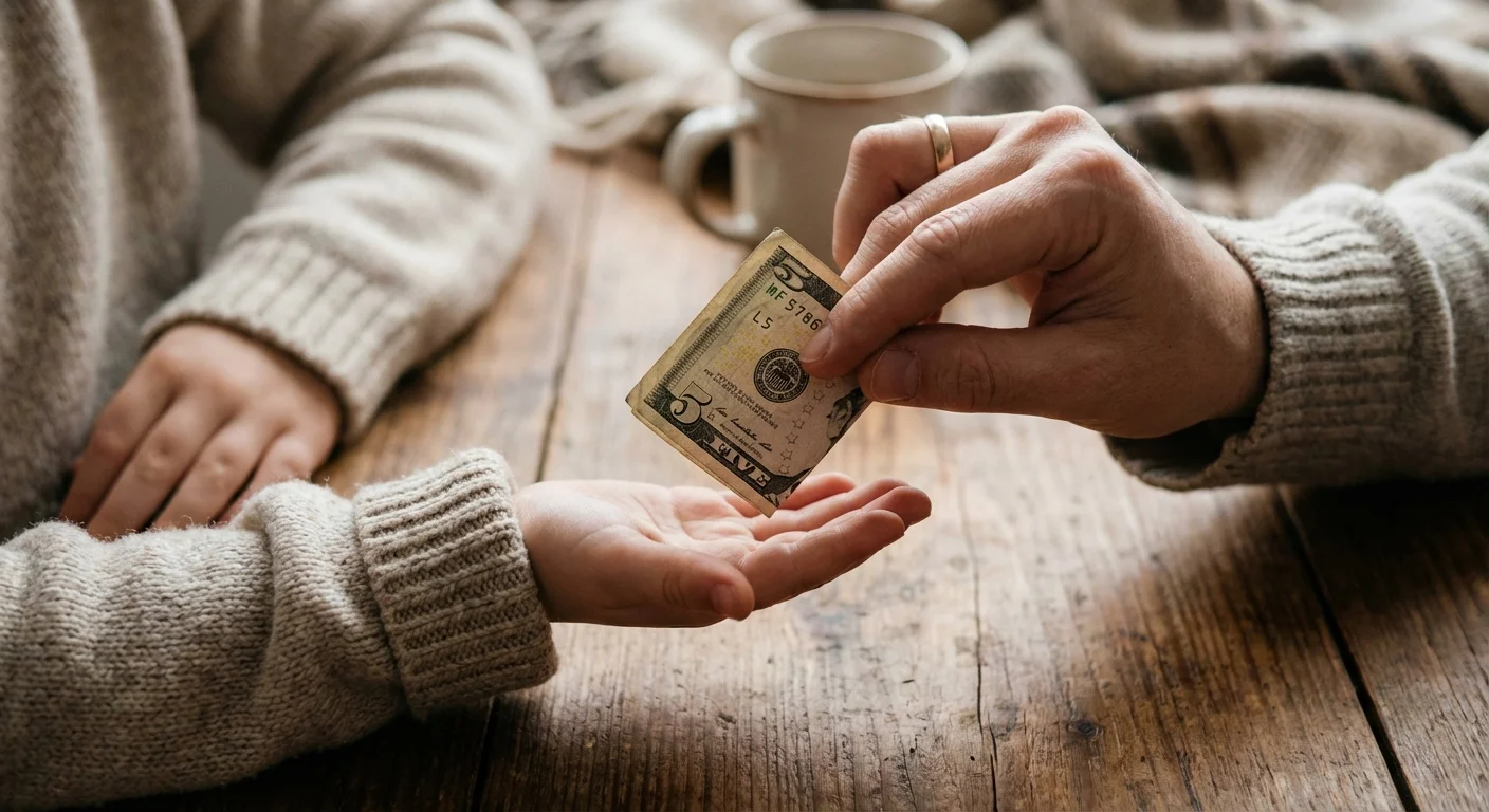 A close-up of a parent handing a five-dollar bill to a child.