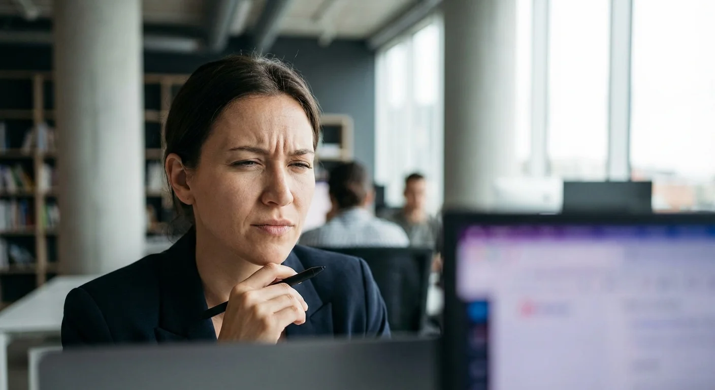 A close-up of a person concentrating on a digital screen in a professional office.