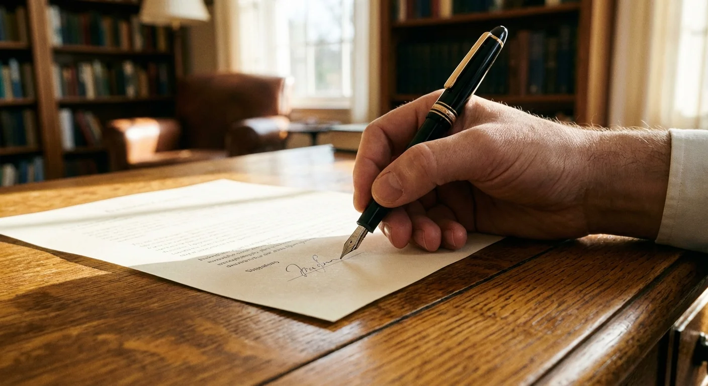 A close-up of a person signing an insurance document on a wooden desk with warm lighting.