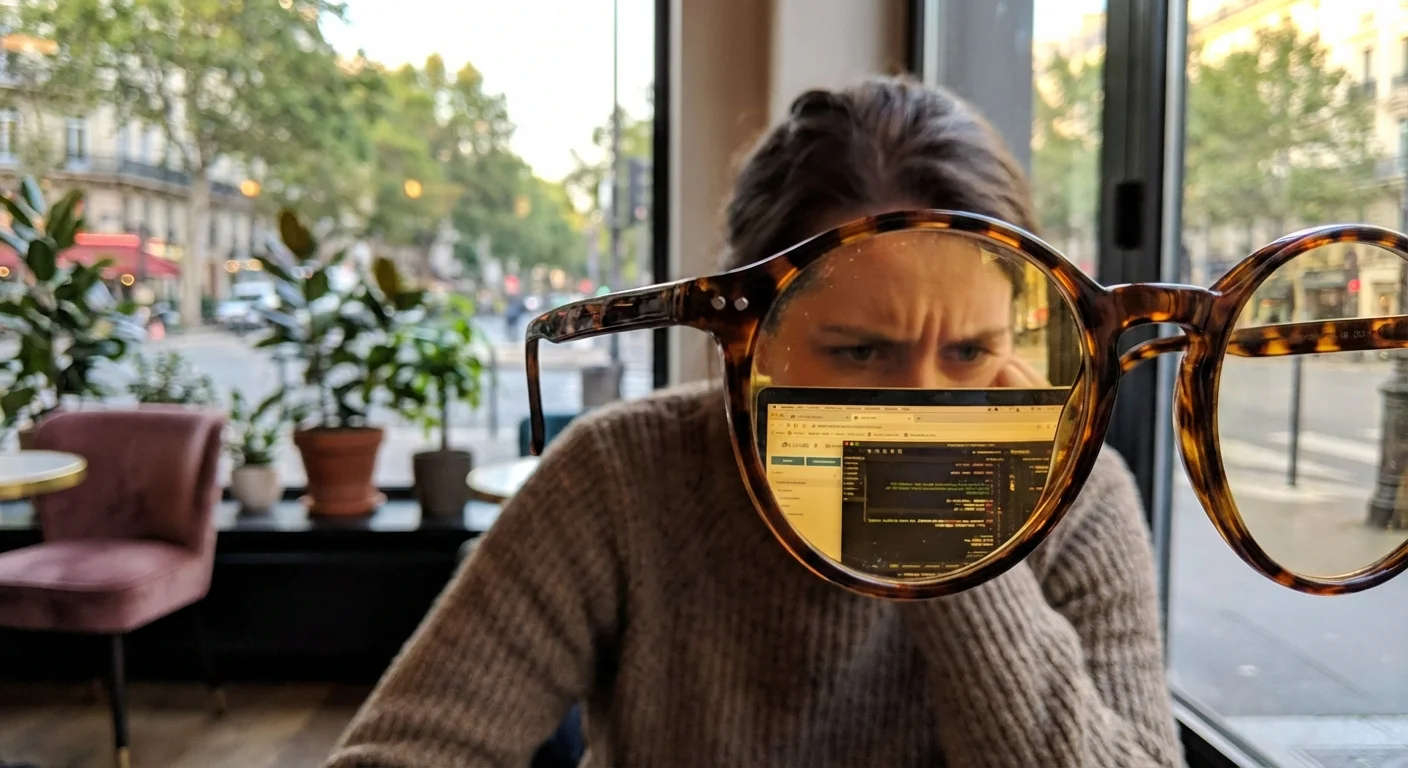 A close-up of a person's face with a laptop screen reflected in their glasses.