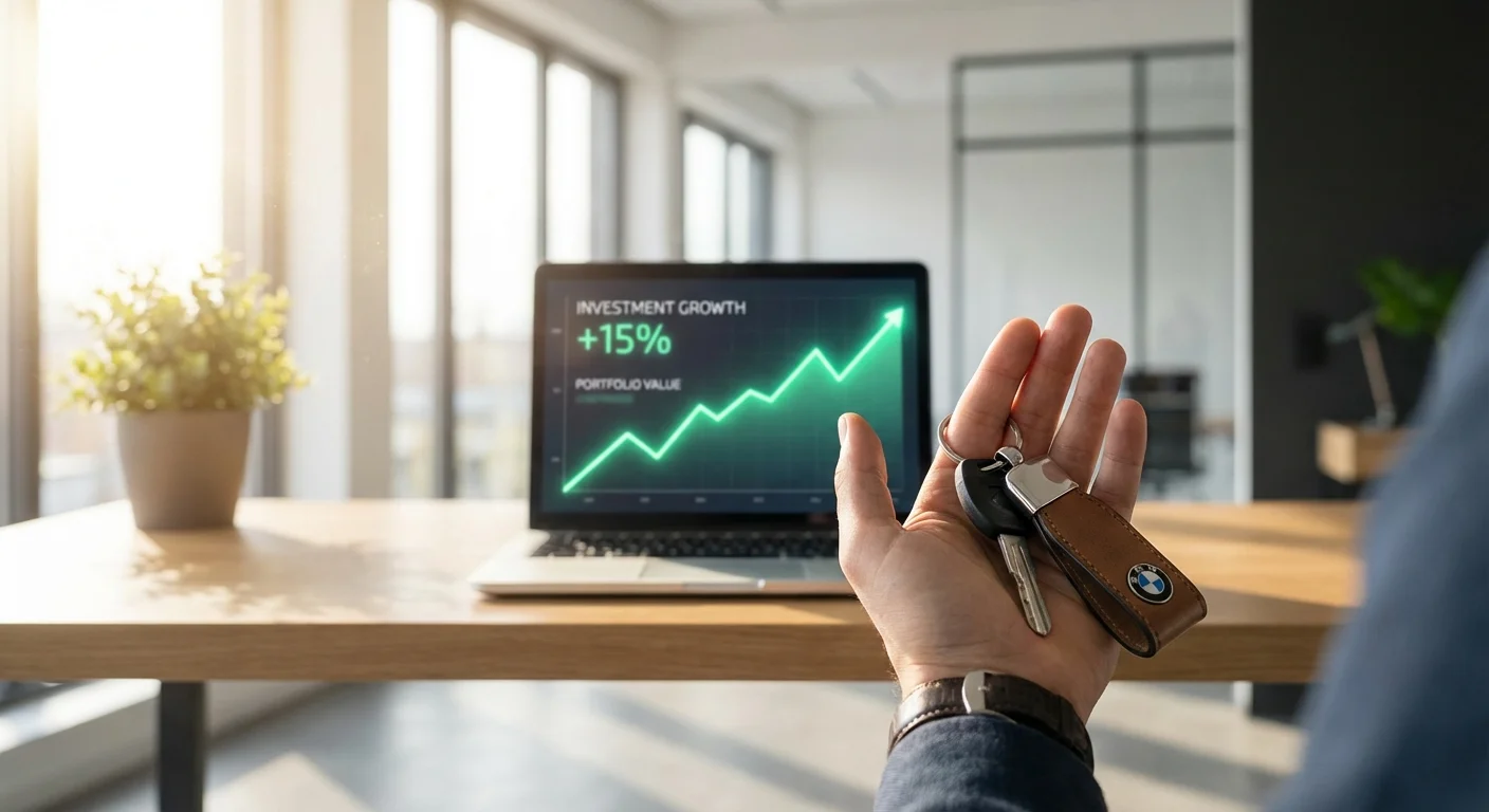 A close-up of car keys with a blurred investment chart in the background, illustrating financial trade-offs.