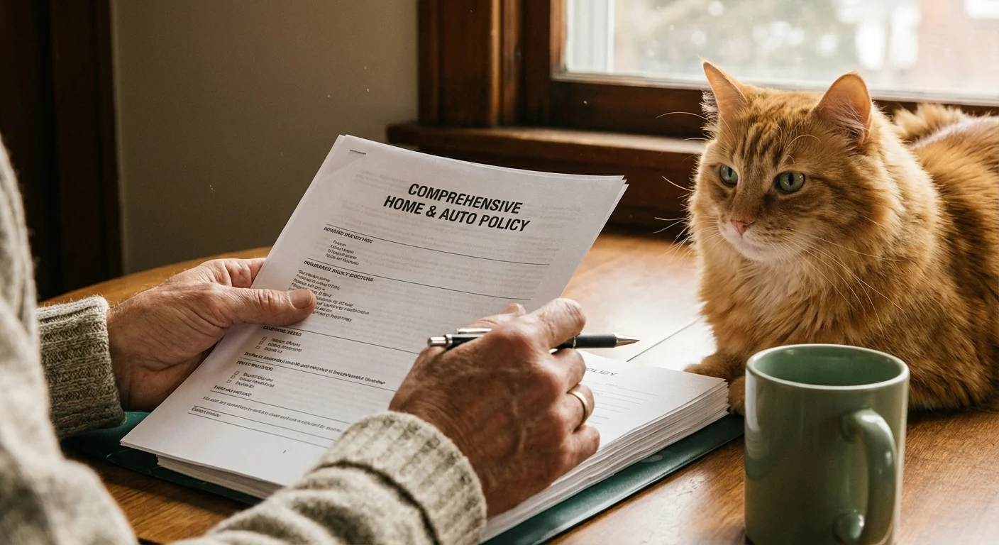 A close-up of hands holding an insurance policy next to a cat on a table.