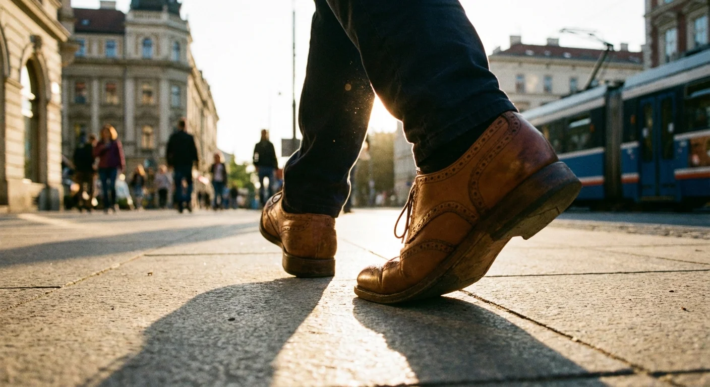 A close-up of someone taking a step forward on a sunlit path.