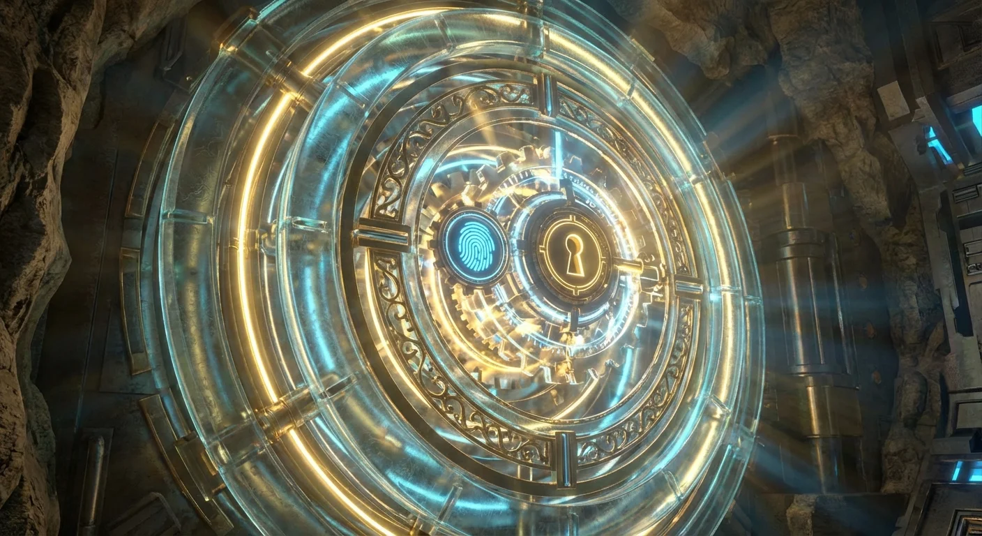 A complex, multi-layered 3D vault door representing multi-factor authentication.