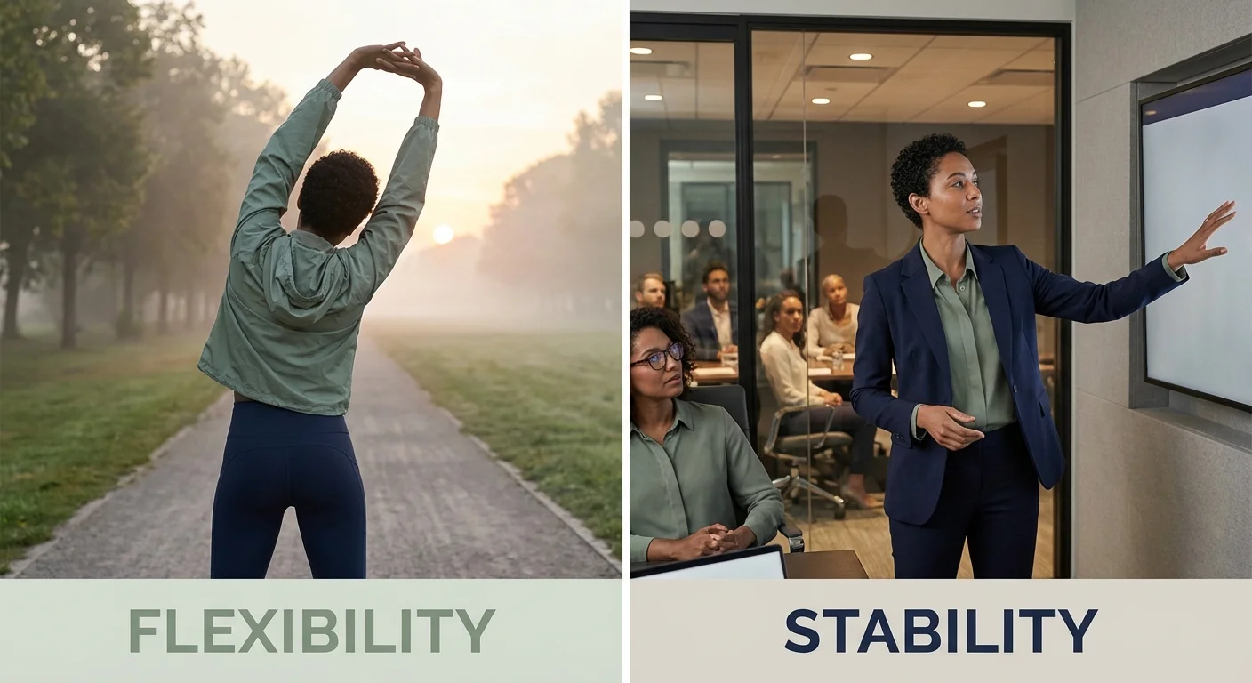 A composite image showing the lifestyle benefits of flexible work hours versus a stable office routine.