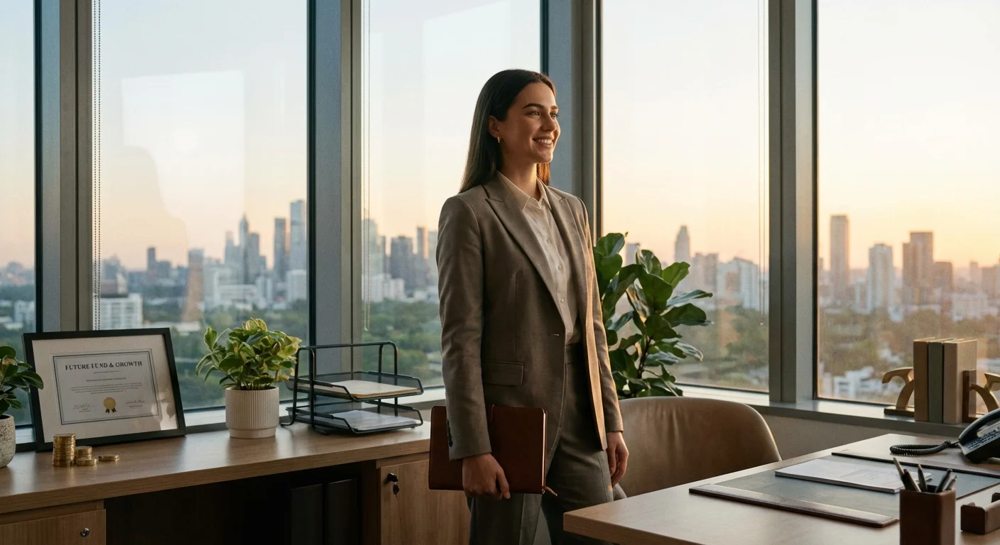A confident young professional woman in a bright, modern office.