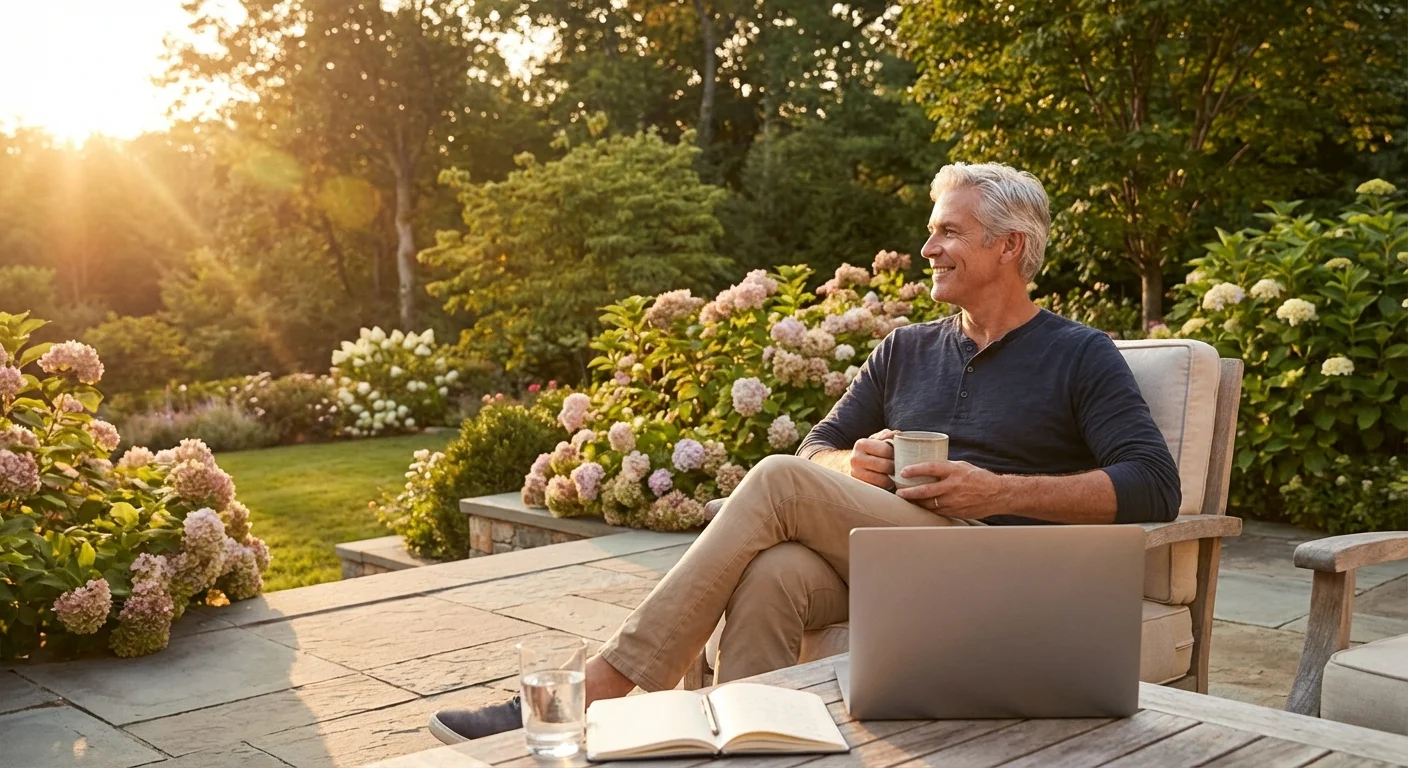 A content professional relaxing on a beautiful patio with a scenic view.