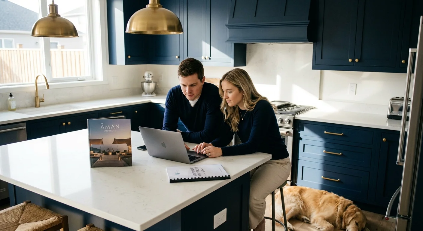 A couple calmly discussing financial options in a bright kitchen.