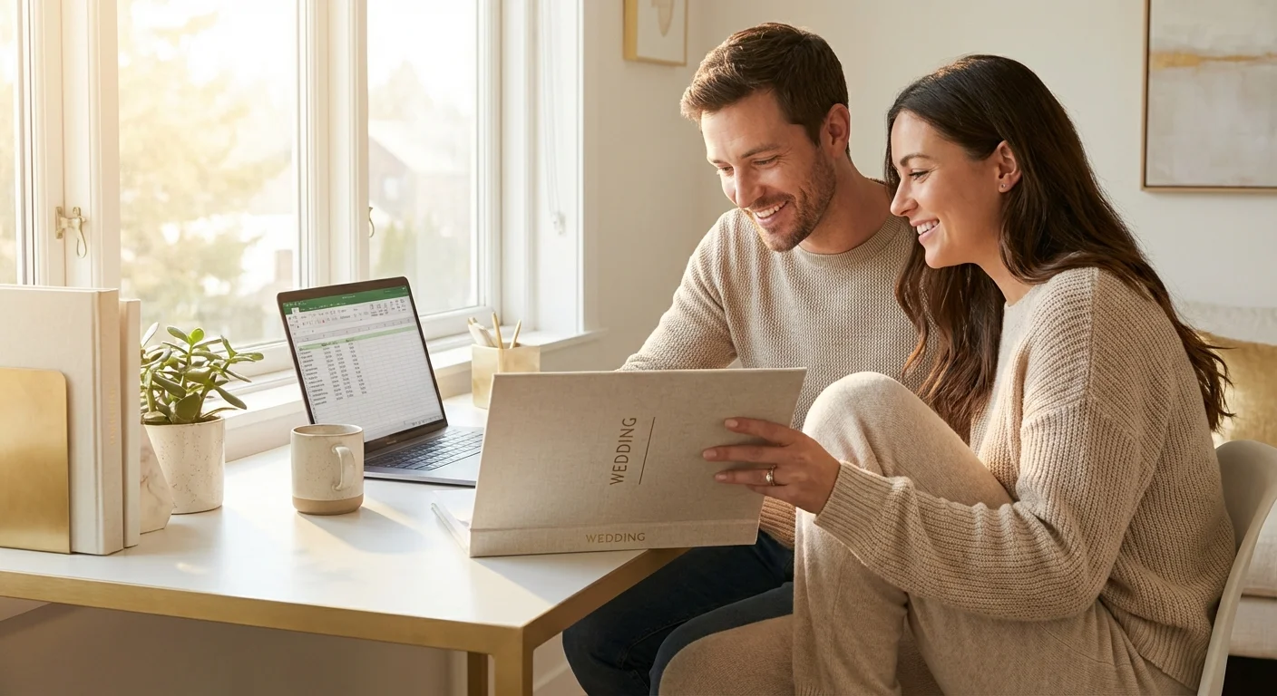 A couple calmly reviews wedding budget documents in a sunlit room, symbolizing financial planning and insurance evaluation.