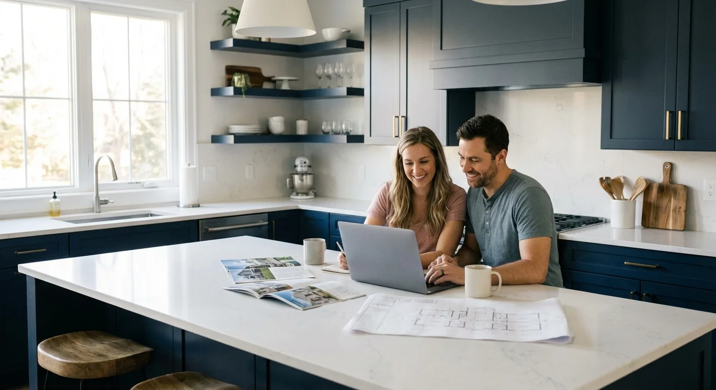A couple comparing mortgage rates on a laptop in their kitchen.