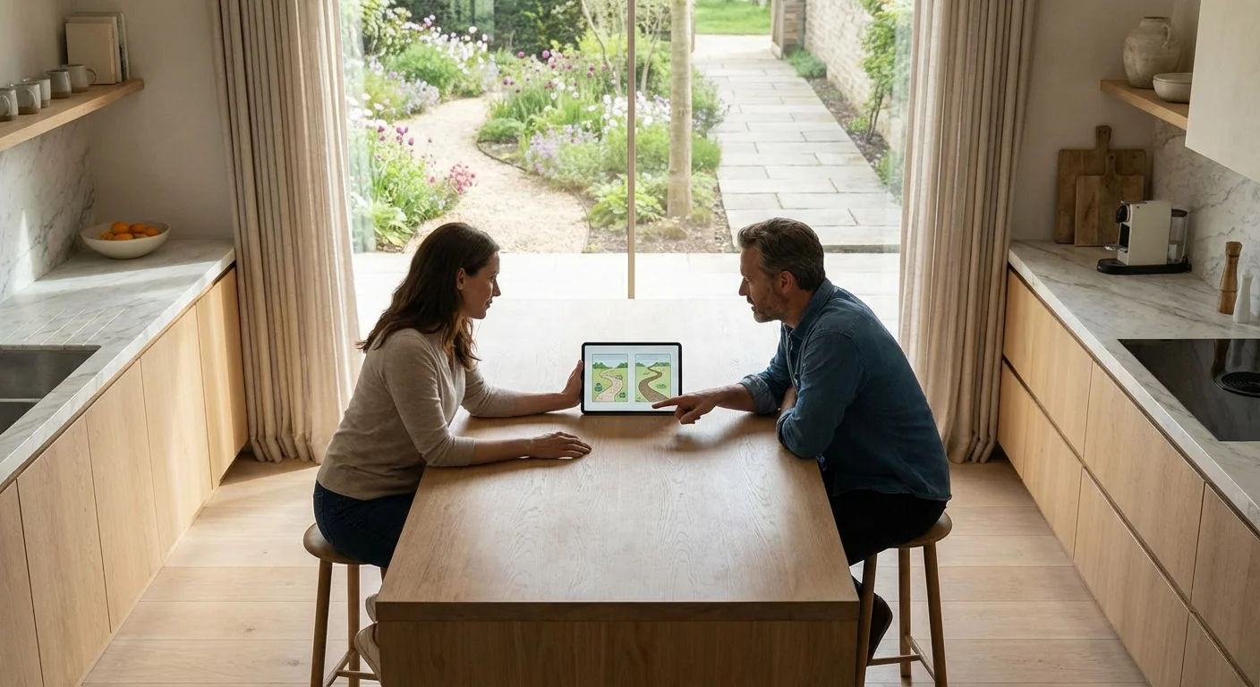 A couple discussing financial options in their kitchen, representing the choice between a will and a trust.