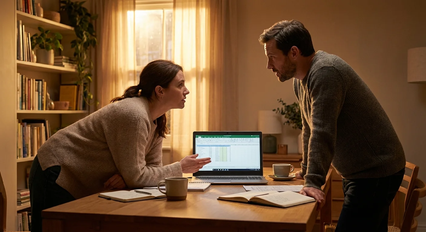 A couple discussing their finances together in a warm home setting.