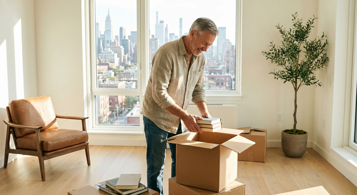 A couple examining a small house model on a kitchen counter in a bright home.