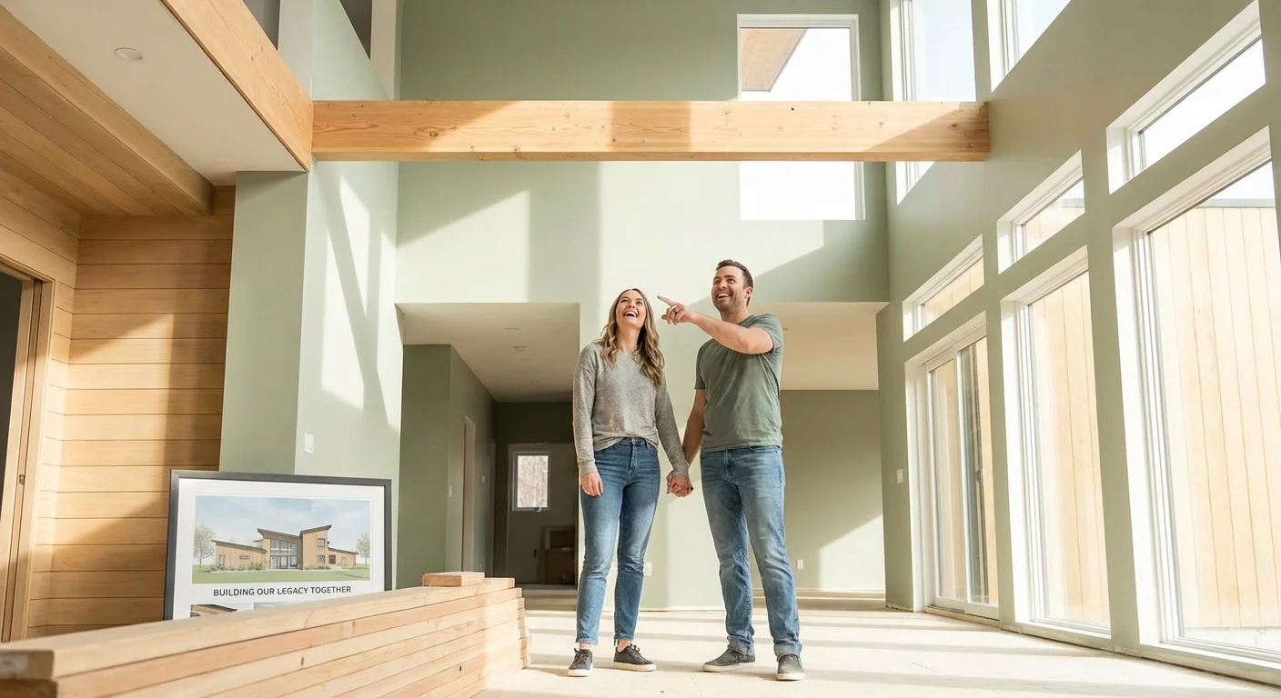 A couple exploring a modern, sunlit architectural space together.