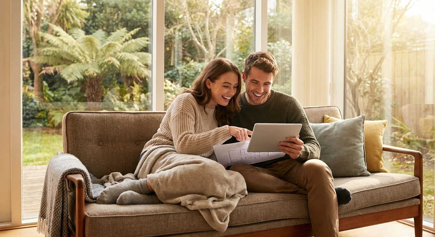 A couple happily researching car loans on a tablet in their living room.
