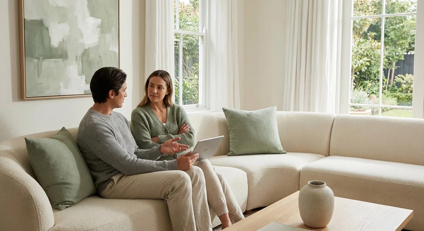 A couple has a calm discussion about finances on a modern sofa.