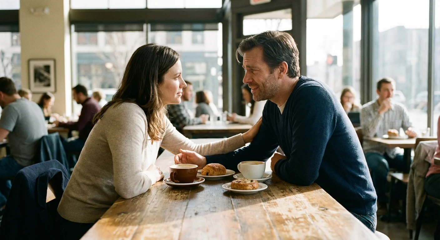 A couple having a calm, focused conversation over coffee in a bright cafe.