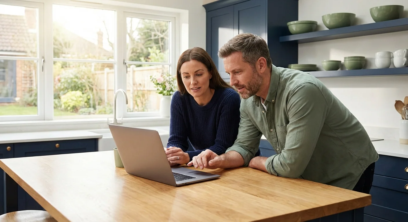 A couple looking at a laptop together in a modern kitchen with a focused expression.