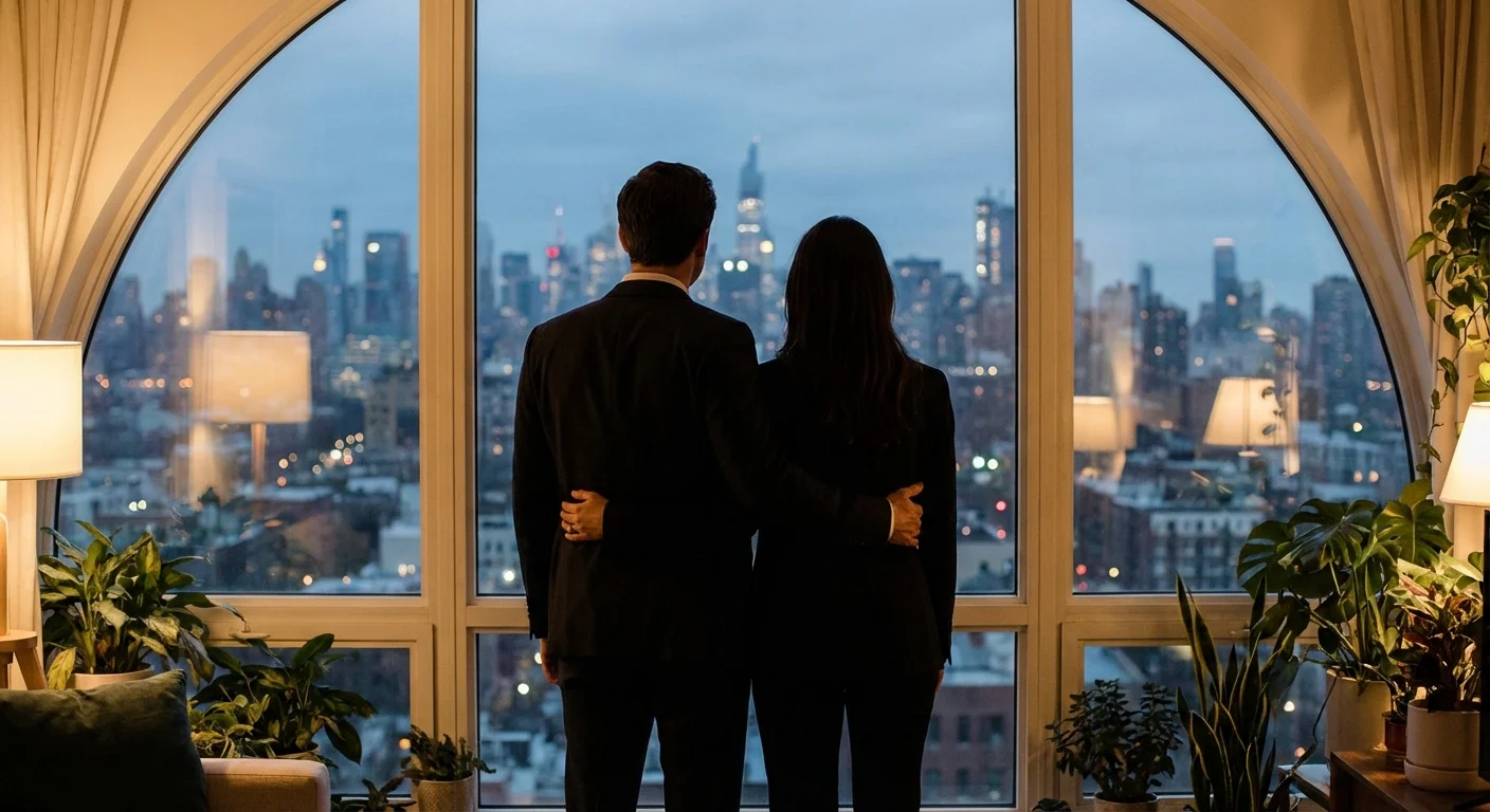 A couple looking out a window at a city skyline, symbolizing their shared future.