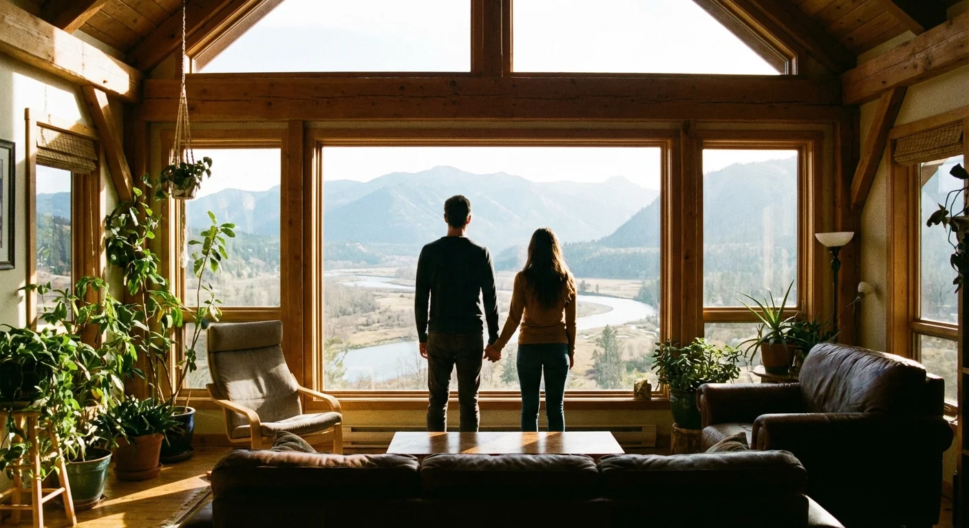 A couple looking out of a large window together into a bright future.