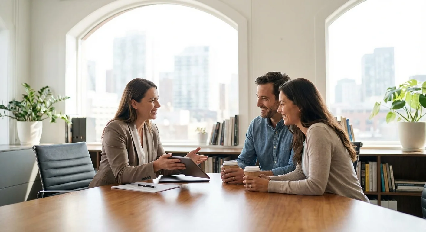 A couple meeting with a professional advisor in a bright office.