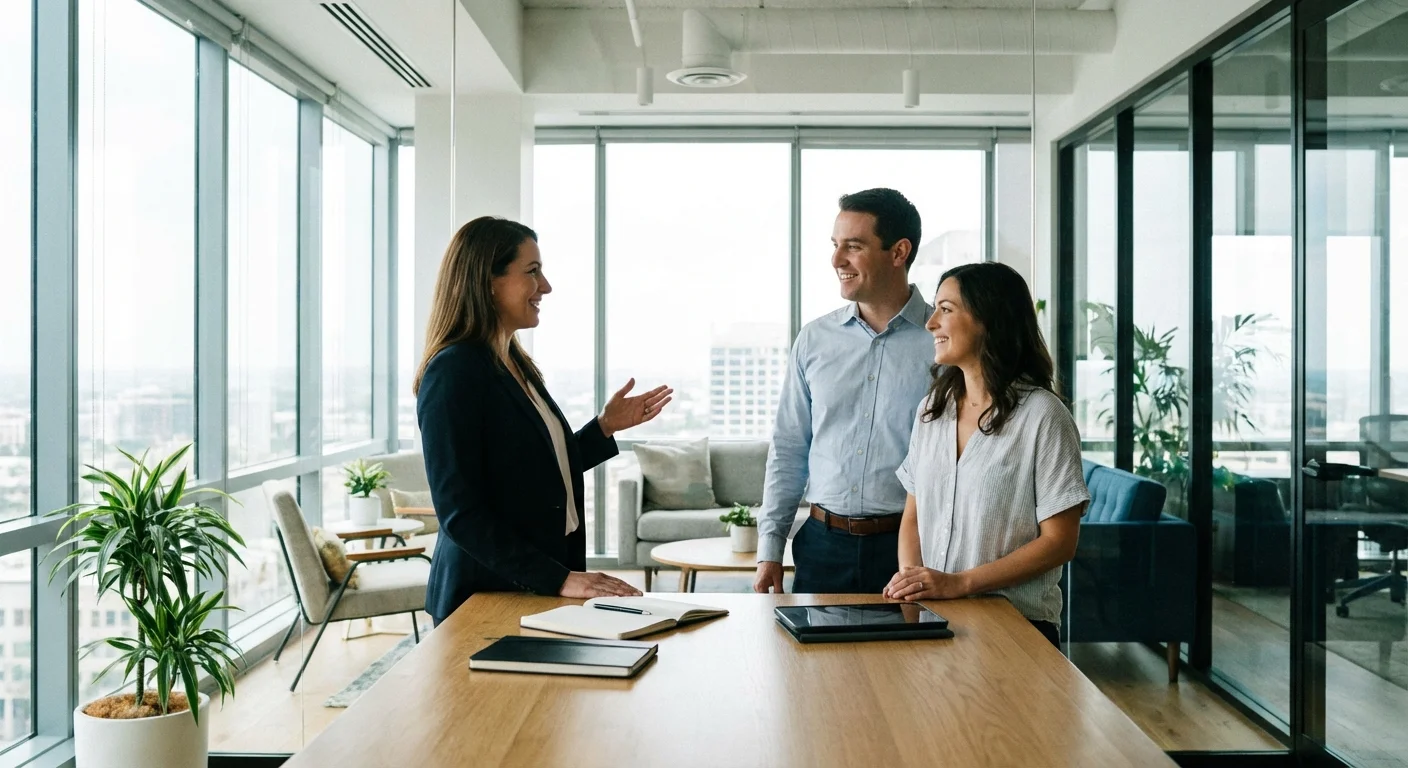 A couple meeting with a professional advisor in a bright office to discuss financial planning.