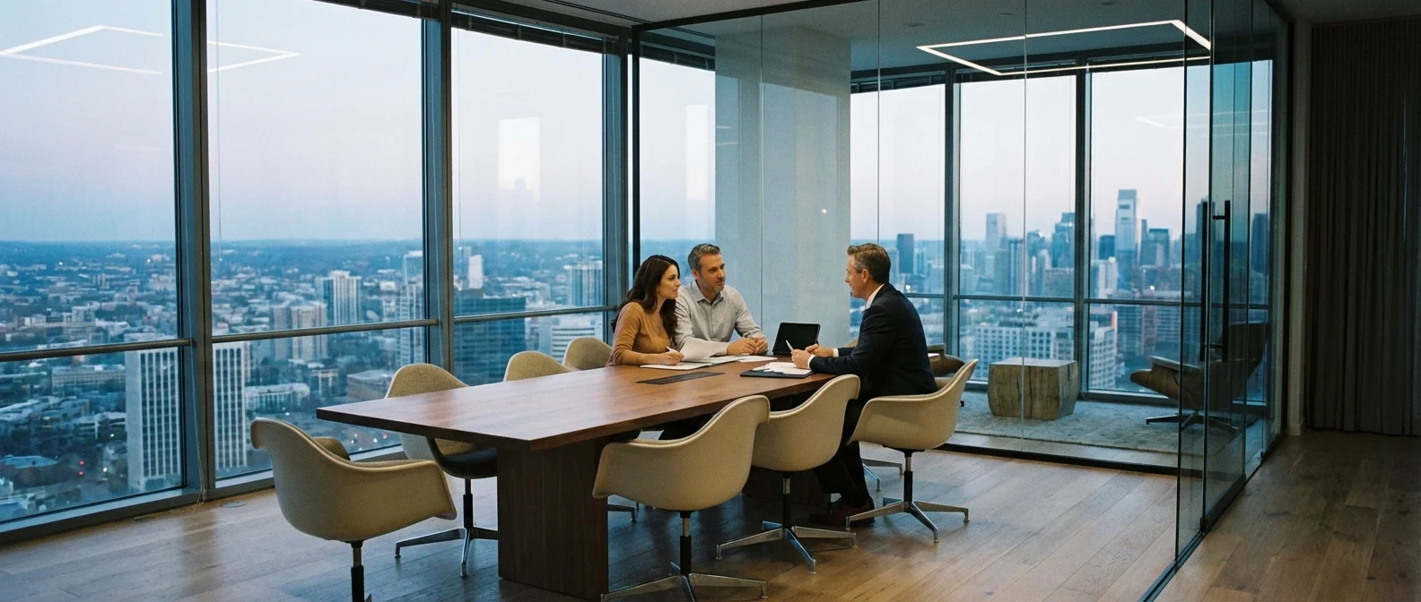 A couple meeting with a professional advisor in a modern glass office.