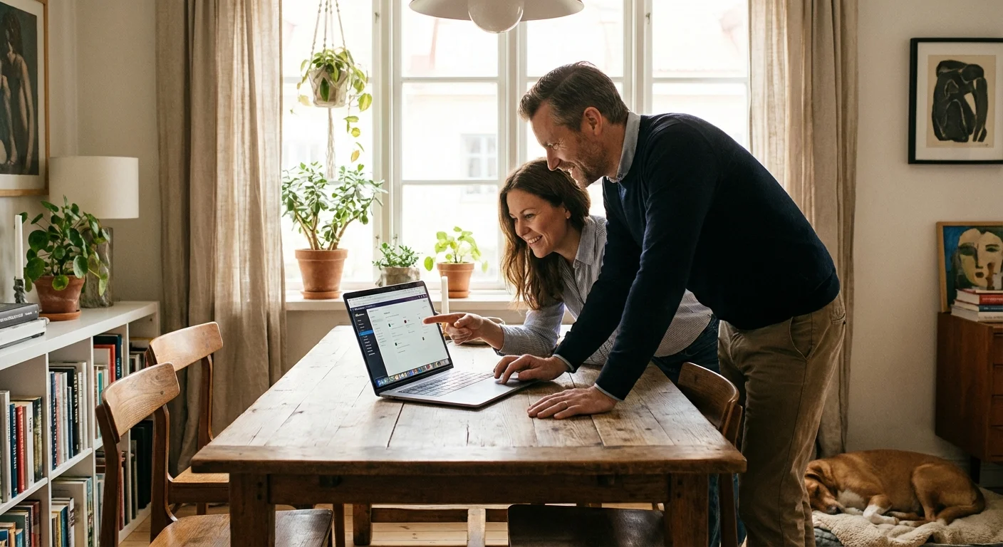 A couple reviewing financial options on a laptop together at home.