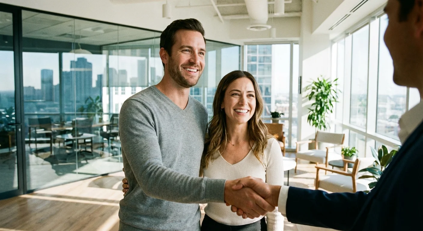 A couple shakes hands with a financial professional in a modern office.