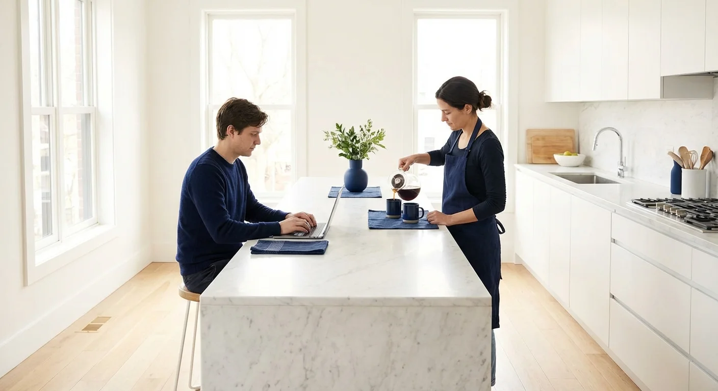 A couple shares a morning in a bright kitchen, one working on a laptop.