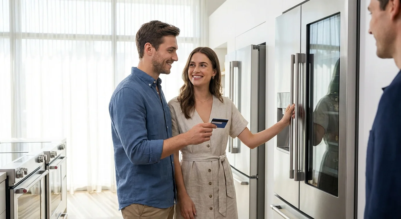 A couple shopping for a new refrigerator in a bright, modern showroom.
