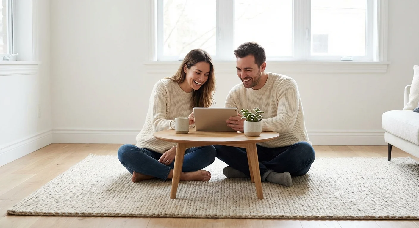 A couple smiling while looking at a tablet together in a bright living room.