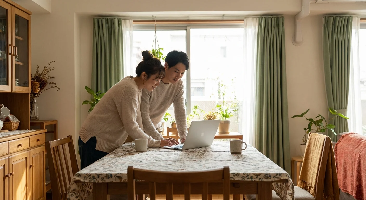 A couple works together on a laptop in a sun-drenched dining area.