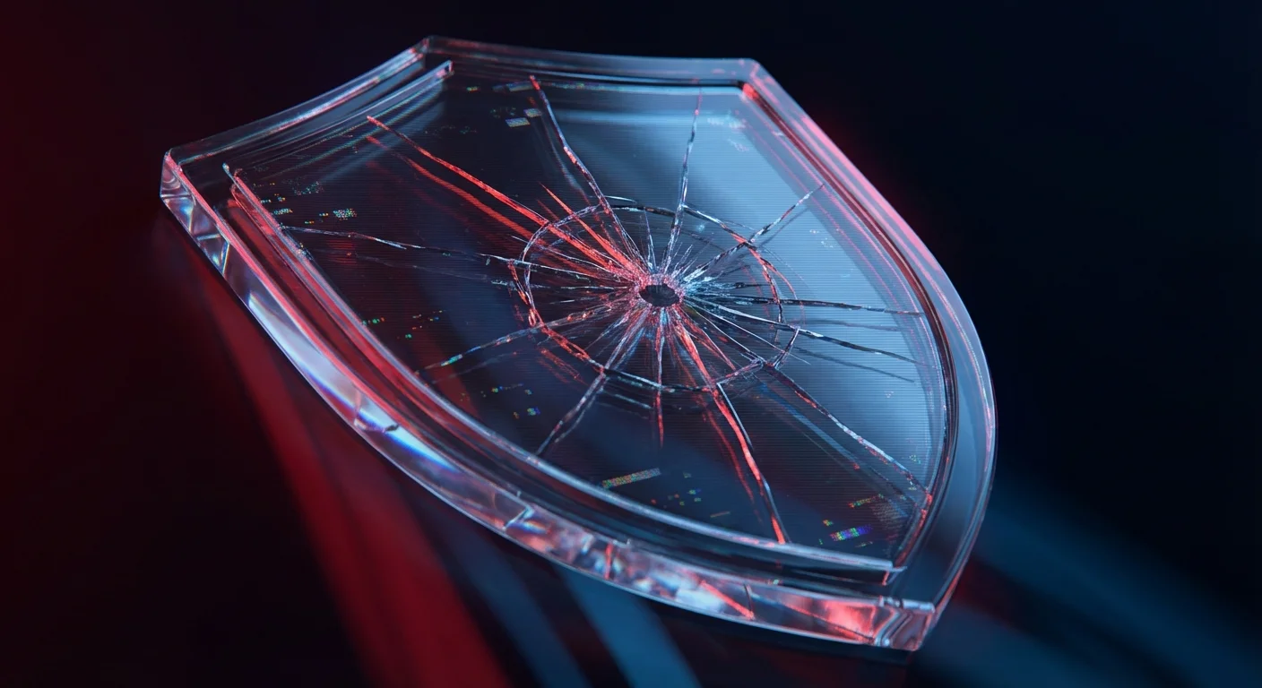 A cracked glass shield with digital glitches, symbolizing security vulnerabilities.