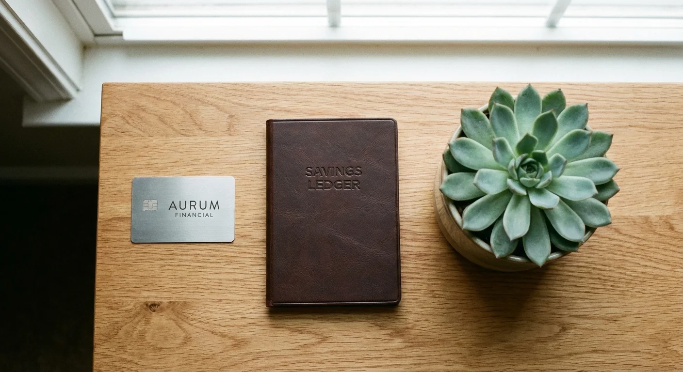 A credit card and a savings ledger on a wooden desk, symbolizing the choice between two financial paths.