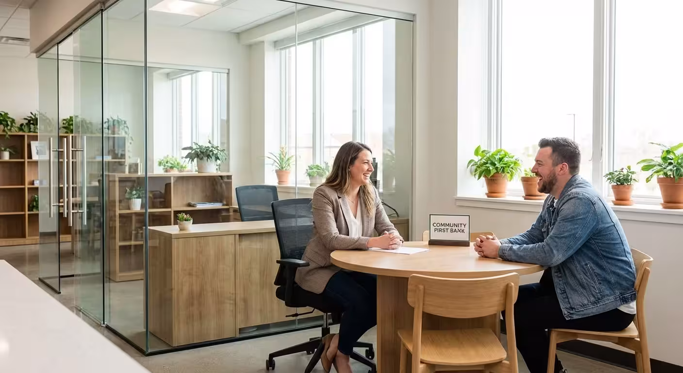 A customer and a bank representative having a friendly conversation in an office.